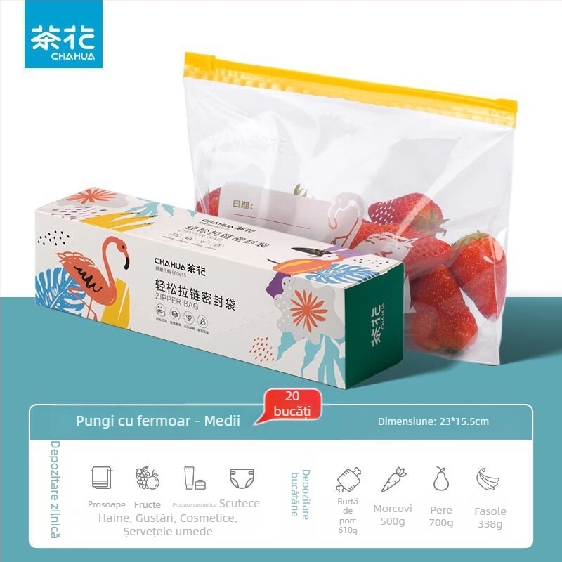 Camellia Serie Biologică: Pungă cu fermoar ușor de închis pentru depozitare în frigider a alimentelor proaspete și congelate, pungă 3D compactă