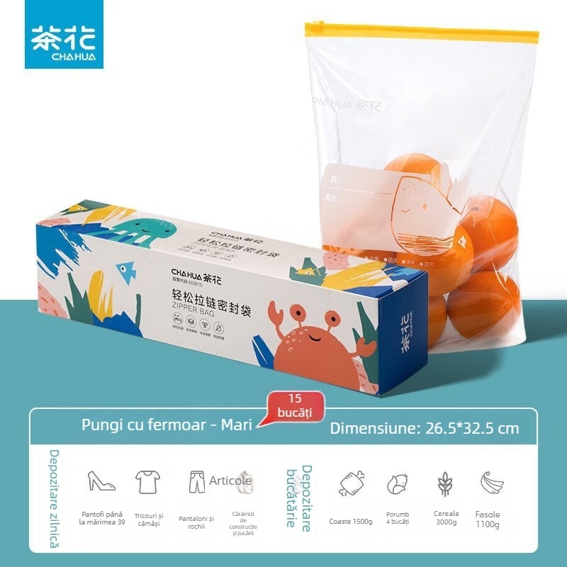 Camellia Serie Biologică: Pungă cu fermoar ușor de închis pentru depozitare în frigider a alimentelor proaspete și congelate, pungă 3D compactă