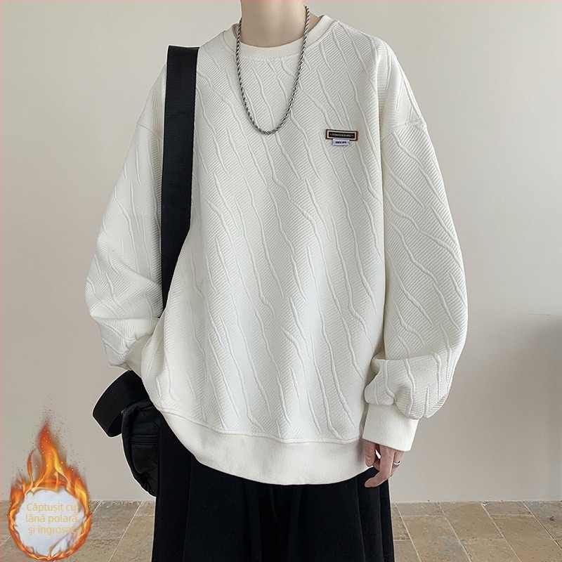 Pulover jacquard în stil american, gros, cu căptușeală de fleece, pentru iarnă, mâneci lungi, guler rotund