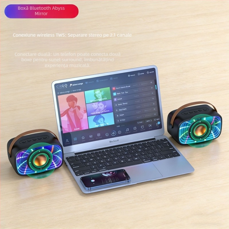 Boxă Bluetooth Abyss Mirror cu design plutitor și lumini, model W20, imprimare a logo-ului