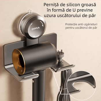 Suport pentru uscător de păr cu ventuză, montaj pe perete, fără găuri, depozitare în baie