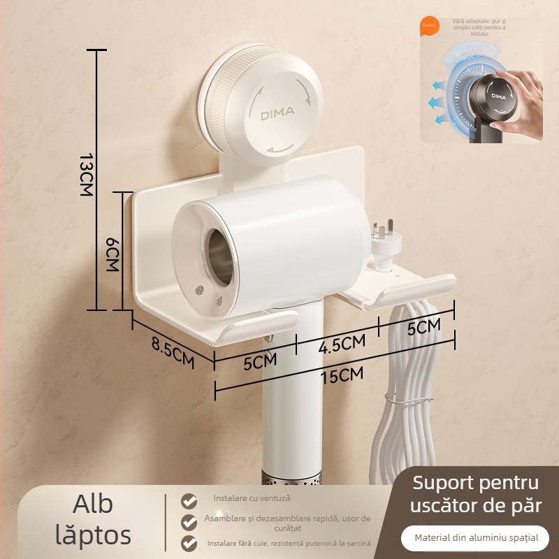 Suport pentru uscător de păr cu ventuză, montaj pe perete, fără găuri, depozitare în baie