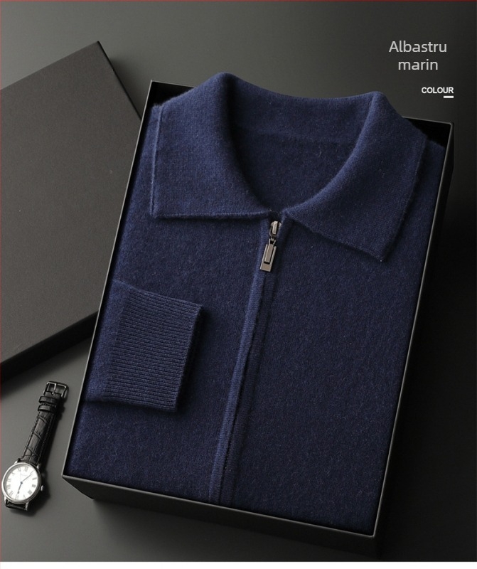 Cardigan polo din cașmir pentru bărbați, croială lejeră, guler cămașă, culoare solidă, tricot călduros pentru toamnă-iarna