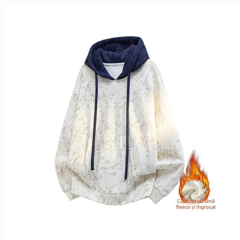 Hanorac bărbătesc color-block cu glugă, croială lejeră, căptușeală fleece, poliester terry, tie-dye