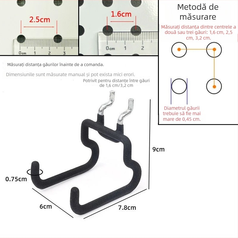 Cârlige duble pentru tablă cu găuri, spațiere 2,5 cm, depozitare în bucătărie