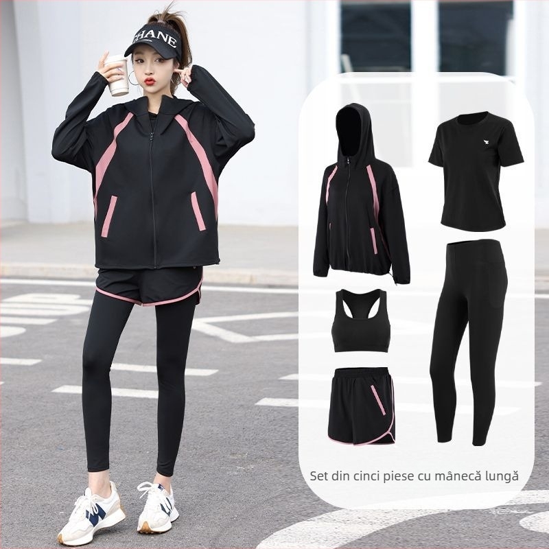 Set sportiv pentru femei pentru sală, alergare și yoga, material cu uscare rapidă, top cu mâneci lungi și pantaloni, colecție toamnă-iarnă