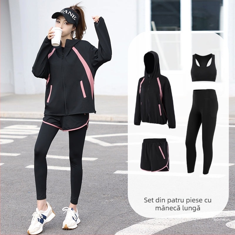 Set sportiv pentru femei pentru sală, alergare și yoga, material cu uscare rapidă, top cu mâneci lungi și pantaloni, colecție toamnă-iarnă