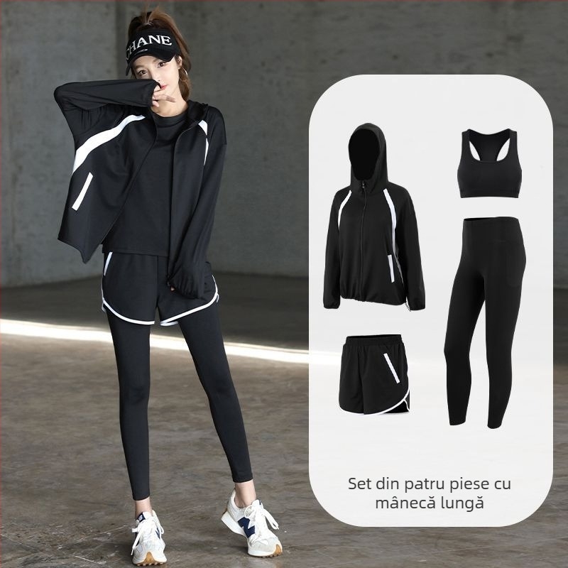 Set sportiv pentru femei pentru sală, alergare și yoga, material cu uscare rapidă, top cu mâneci lungi și pantaloni, colecție toamnă-iarnă
