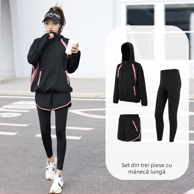 Set sportiv pentru femei pentru sală, alergare și yoga, material cu uscare rapidă, top cu mâneci lungi și pantaloni, colecție toamnă-iarnă