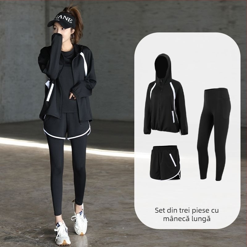 Set sportiv pentru femei pentru sală, alergare și yoga, material cu uscare rapidă, top cu mâneci lungi și pantaloni, colecție toamnă-iarnă