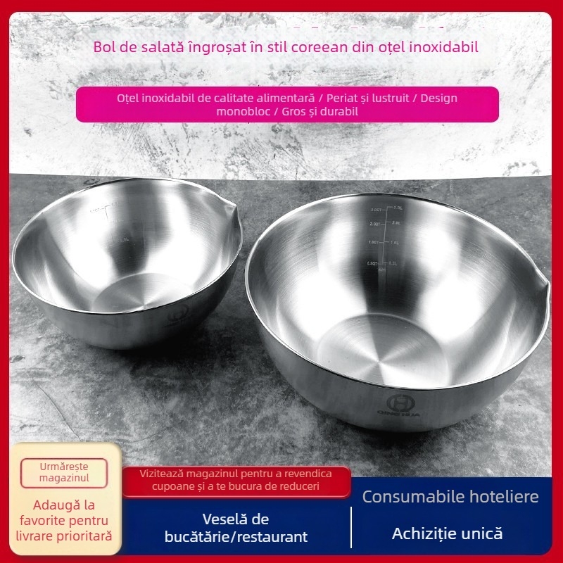 Vas de amestec din oțel inoxidabil, stil coreean, pentru uz casnic, capacitate mare; potrivit pentru salate, fructe, tăiței reci, feluri reci, supă și bătut ouă