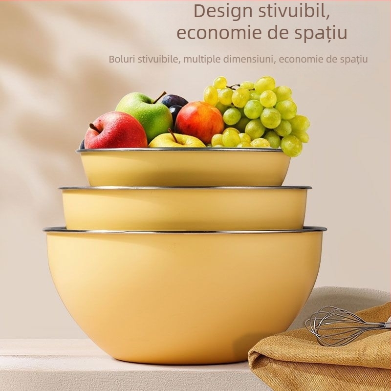 Vas colorat din oțel inoxidabil, de grad alimentar, antiaderent, pentru frământat aluat, bătut ouă și coacere