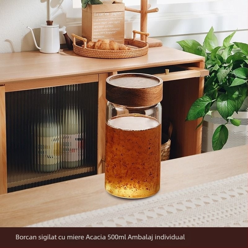 Borcan din sticlă pentru miere, cu capac etanș, recipient pentru depozitare miere și dulceață (până la 300 ml)