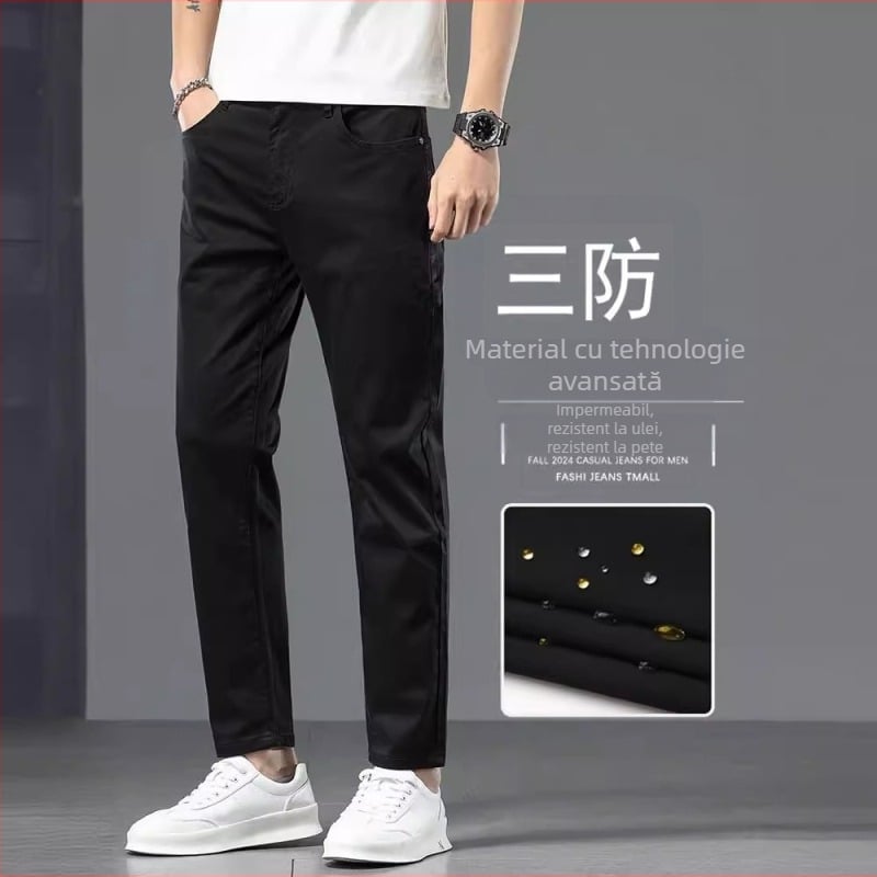 Blugi denim subțiri pentru bărbați, lungime cropped, croială slim straight, vară, cu trei protecții