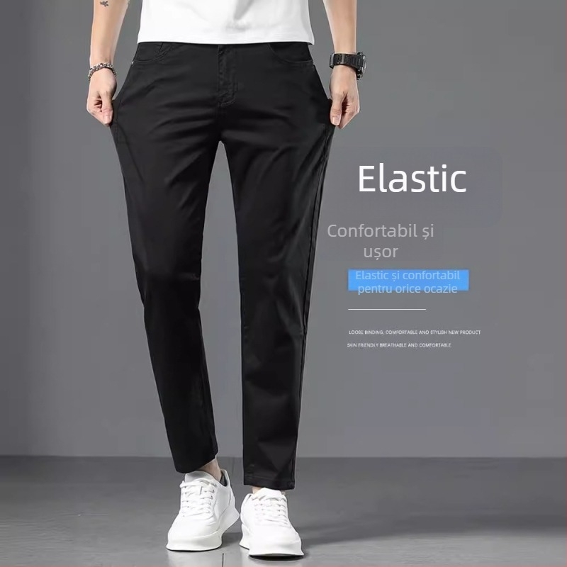 Blugi denim subțiri pentru bărbați, lungime cropped, croială slim straight, vară, cu trei protecții