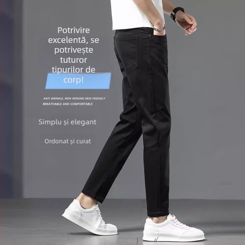 Blugi denim subțiri pentru bărbați, lungime cropped, croială slim straight, vară, cu trei protecții