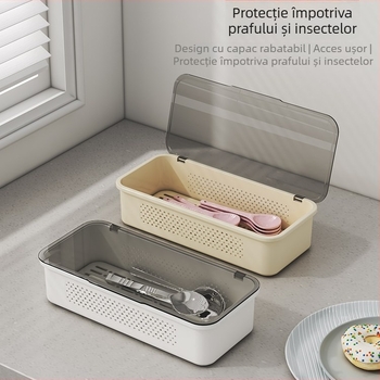 Cutie de depozitare tacâmuri cu capac, suport plat pentru bețișoare, raft de scurgere pentru vesela, coș pentru bețișoare cu sertar