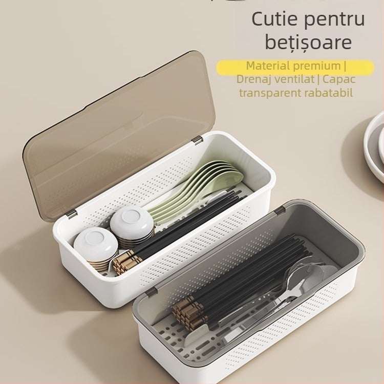 Cutie de depozitare tacâmuri cu capac, suport plat pentru bețișoare, raft de scurgere pentru vesela, coș pentru bețișoare cu sertar