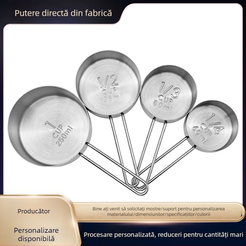 Set de 4 măsuri din oțel inoxidabil placat cu aur, cupe și linguri de măsură, cu mâner dublu.