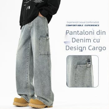 Blugi denim pentru bărbați, talie înaltă, croială largă, stil vintage, cu rupturi casual