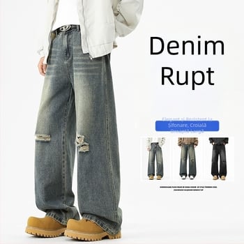 Blugi denim pentru bărbați, talie înaltă, croială largă, stil vintage, cu rupturi casual