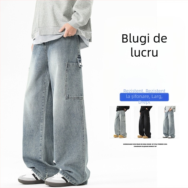 Blugi denim pentru bărbați, talie înaltă, croială largă, stil vintage, cu rupturi casual