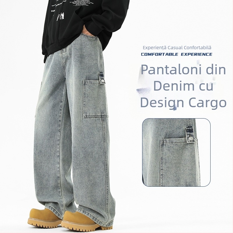 Blugi denim pentru bărbați, talie înaltă, croială largă, stil vintage, cu rupturi casual
