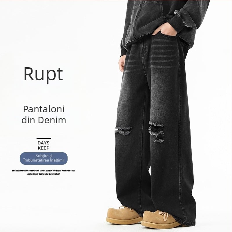 Blugi denim pentru bărbați, talie înaltă, croială largă, stil vintage, cu rupturi casual