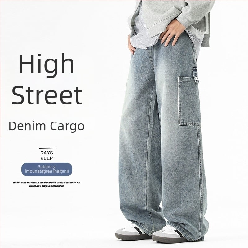 Blugi denim pentru bărbați, talie înaltă, croială largă, stil vintage, cu rupturi casual