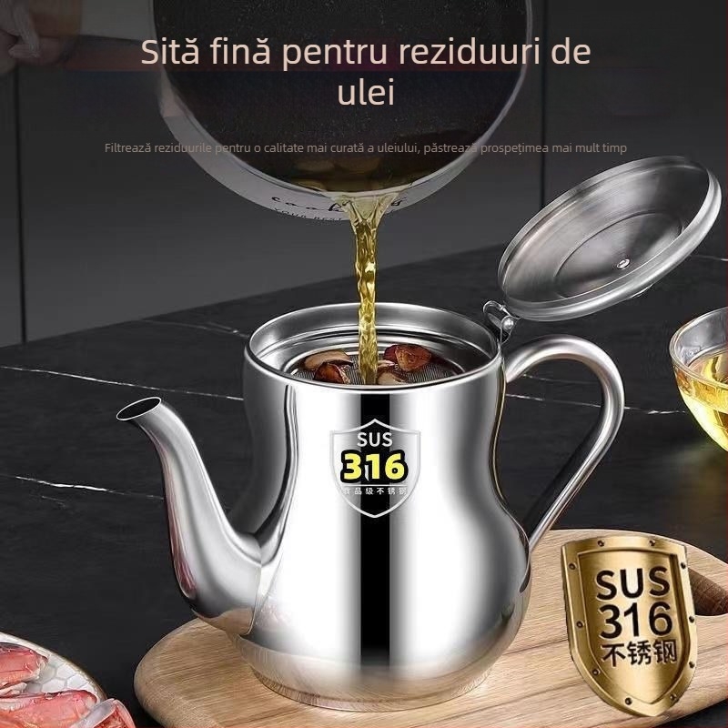 Recipient din oțel inoxidabil pentru ulei cu filtru, anti-scurgeri, recipient de bucătărie pentru turnarea uleiului