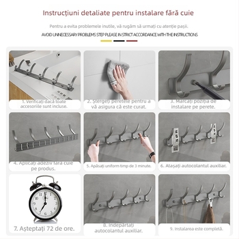 Cuier de baie din aluminiu, montaj pe perete fără găuri, capacitate de 5 kg, pentru prosoape și haine, fixare cu bandă adezivă