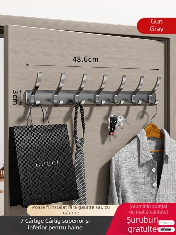 Cuier de baie din aluminiu, montaj pe perete fără găuri, capacitate de 5 kg, pentru prosoape și haine, fixare cu bandă adezivă