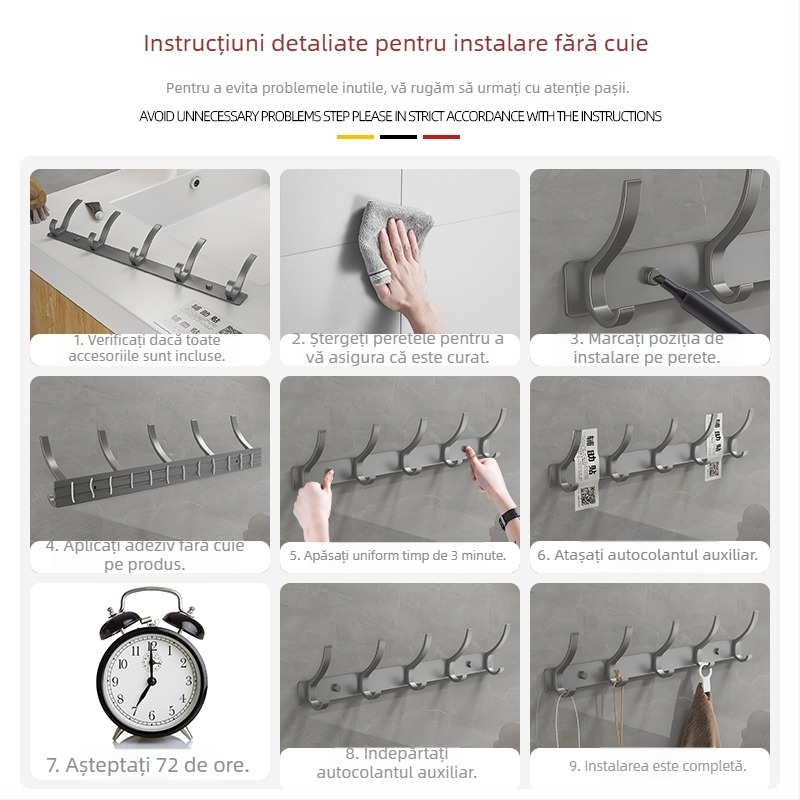 Cuier de baie din aluminiu, montaj pe perete fără găuri, capacitate de 5 kg, pentru prosoape și haine, fixare cu bandă adezivă
