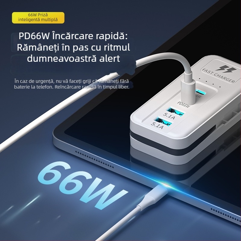 Încărcător USB 66W multifuncțional cu mai multe porturi – Tpyec priză de uz casnică și cablu de prelungire pentru telefon