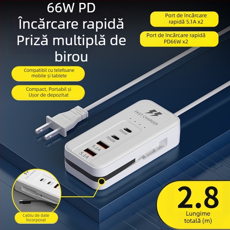 Încărcător USB 66W multifuncțional cu mai multe porturi – Tpyec priză de uz casnică și cablu de prelungire pentru telefon