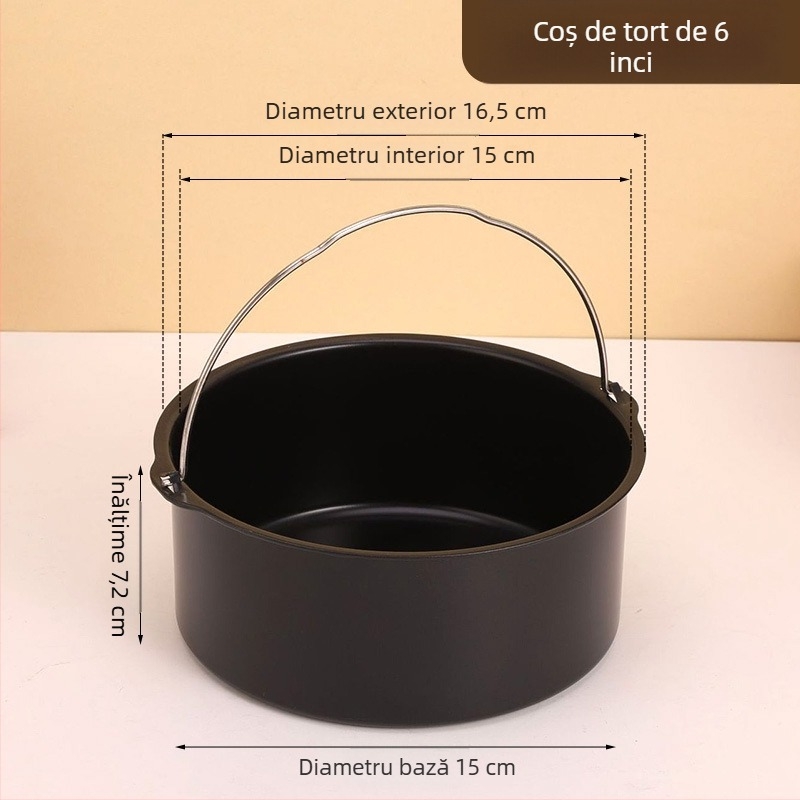 Formă rotundă de tort din oțel carbon îngroșat, pentru uz casnic, accesoriu pentru friteuză cu aer, tavă de copt antiaderentă.