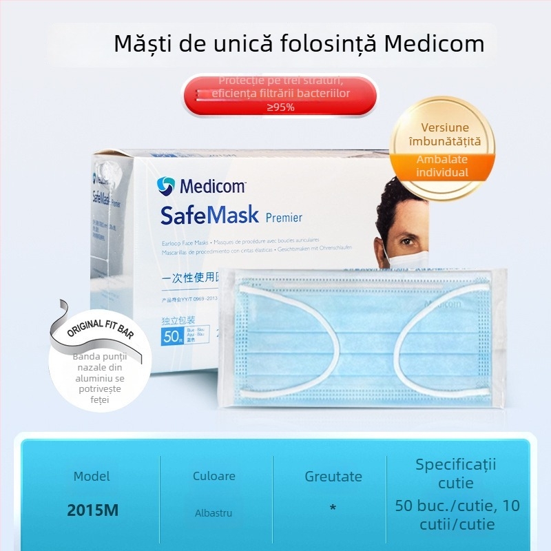 Mască medicală Medicom, de unică folosință, din material nețesut, mască protectoare cu trei straturi pentru uz medical