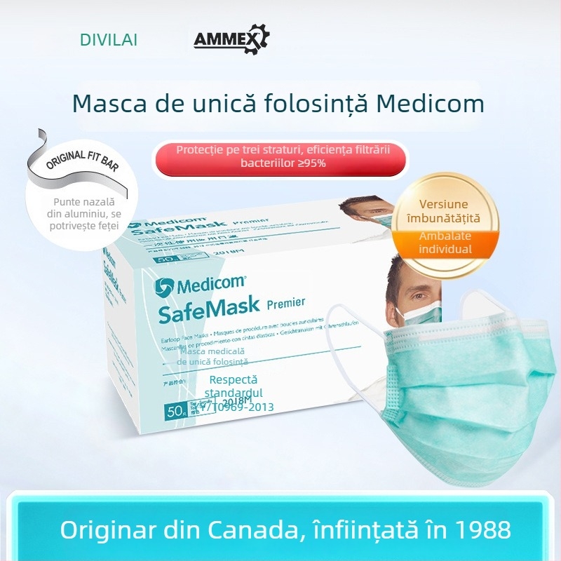 Mască medicală Medicom, de unică folosință, din material nețesut, mască protectoare cu trei straturi pentru uz medical