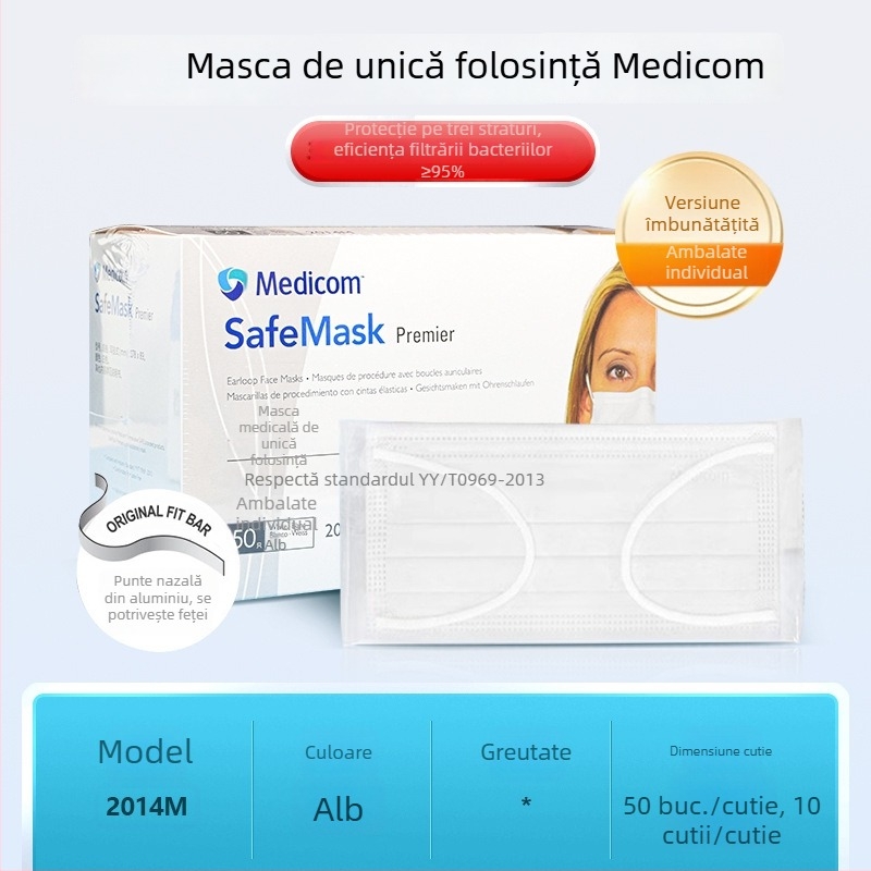 Mască medicală Medicom, de unică folosință, din material nețesut, mască protectoare cu trei straturi pentru uz medical