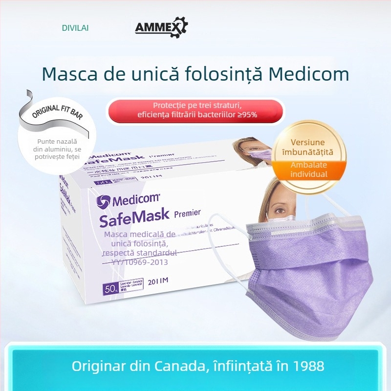 Mască medicală Medicom, de unică folosință, din material nețesut, mască protectoare cu trei straturi pentru uz medical