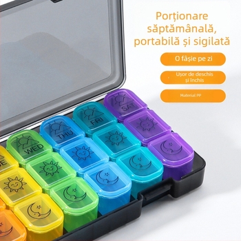 Cutie pentru medicamente, 7 zile, 21 compartimente, din PP de calitate alimentară, sigilată, capacitate mare, stil desen animat