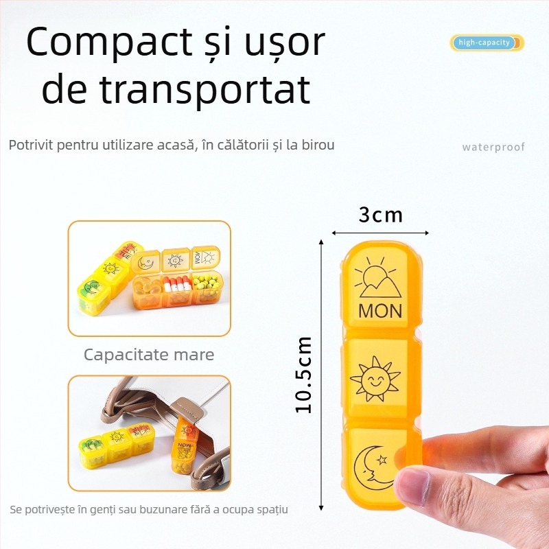 Cutie pentru medicamente, 7 zile, 21 compartimente, din PP de calitate alimentară, sigilată, capacitate mare, stil desen animat
