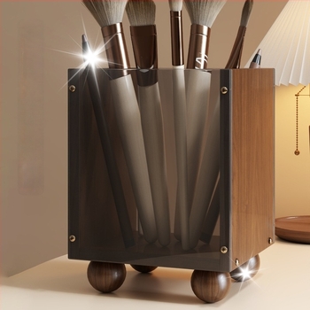 Organizator de baie în stil vintage, din acrilic și lemn, pentru pensule de machiaj, creioane pentru sprâncene, piepteni, periuțe de dinți și pastă de dinți, cu capacitate mare