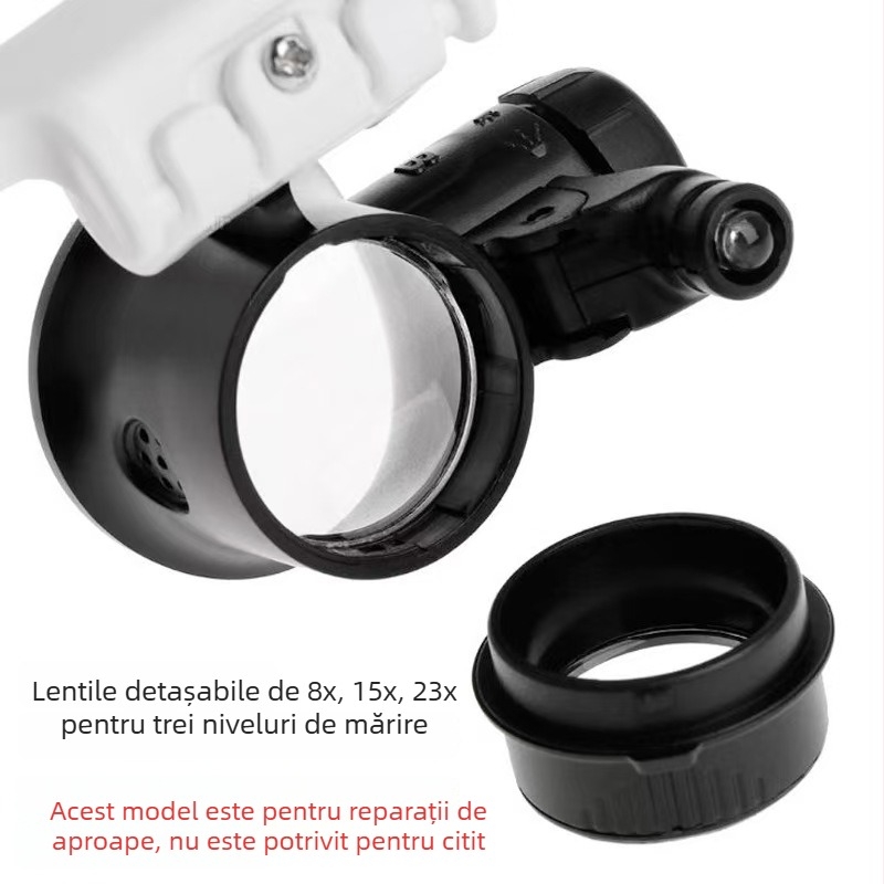 Lupă de cap cu iluminare LED pentru reparații de ceasuri, gravură, evaluarea antichităților și bijuterii, cu mai multe niveluri de mărire