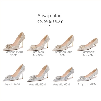Pantofi de mireasă în nuanță șampanie auriu cu cristale, vârf ascuțit, toc înalt 6–8 cm