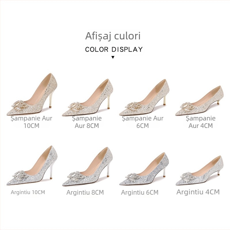 Pantofi de mireasă în nuanță șampanie auriu cu cristale, vârf ascuțit, toc înalt 6–8 cm