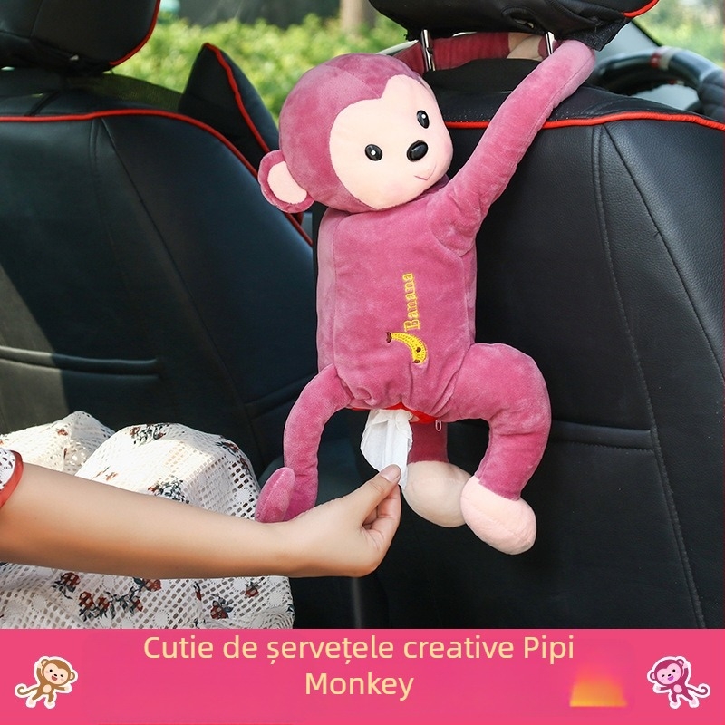 Cutie de șervețele pentru mașină, în formă de maimuță din pluș, cu prindere pentru agățare