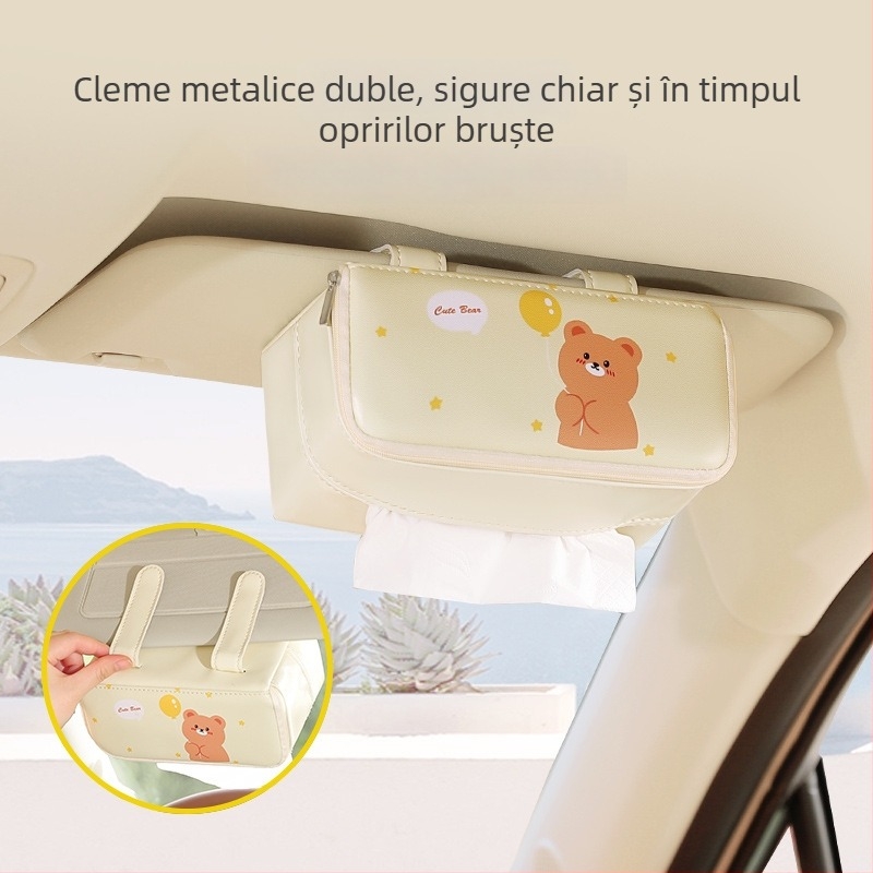 Cutie de șervețele din piele pentru mașină, se agață de parasolarul și de tavan, design drăguț