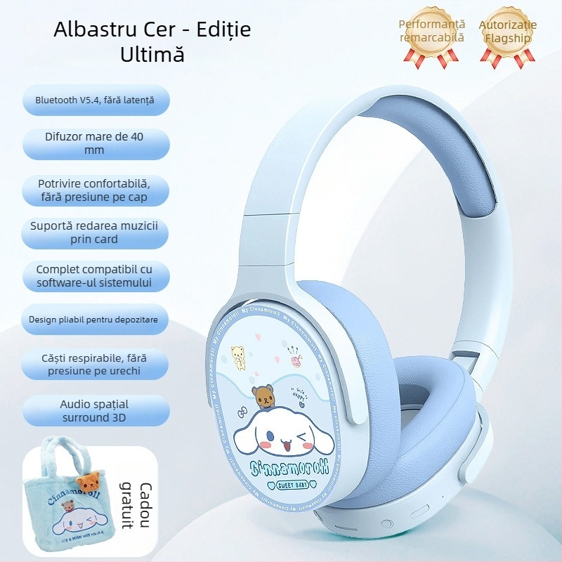 KE-55 Căști Wireless Over-Ear, Bluetooth 5.3, autonomie mare, design creativ cu husă pluș pentru depozitare