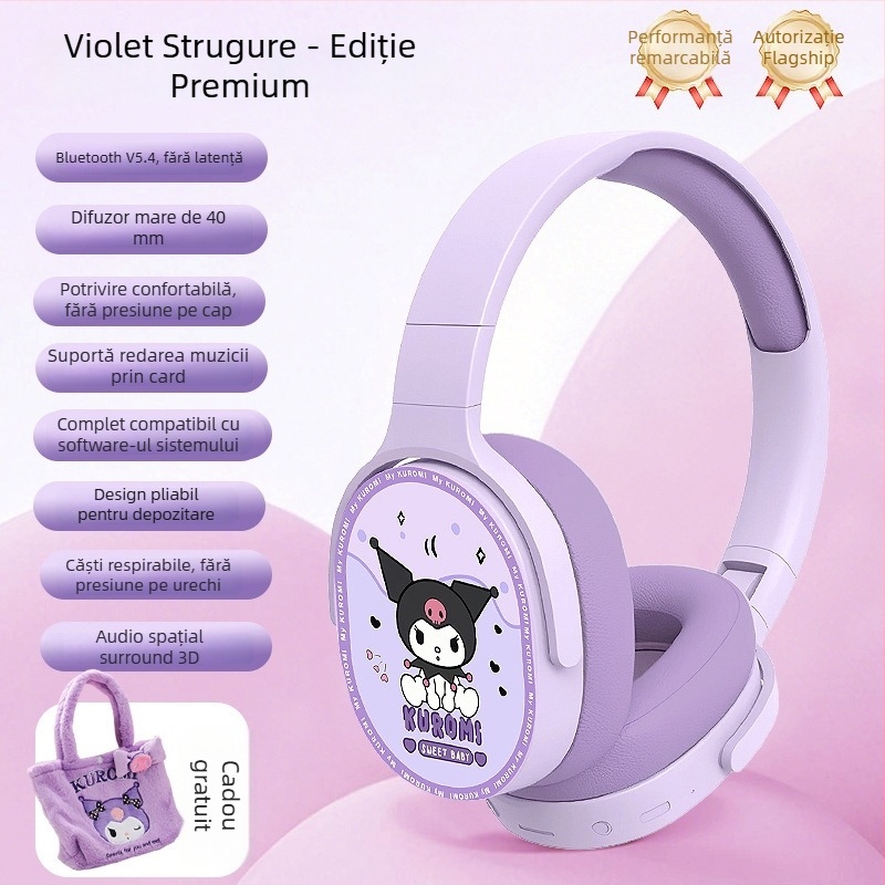 KE-55 Căști Wireless Over-Ear, Bluetooth 5.3, autonomie mare, design creativ cu husă pluș pentru depozitare